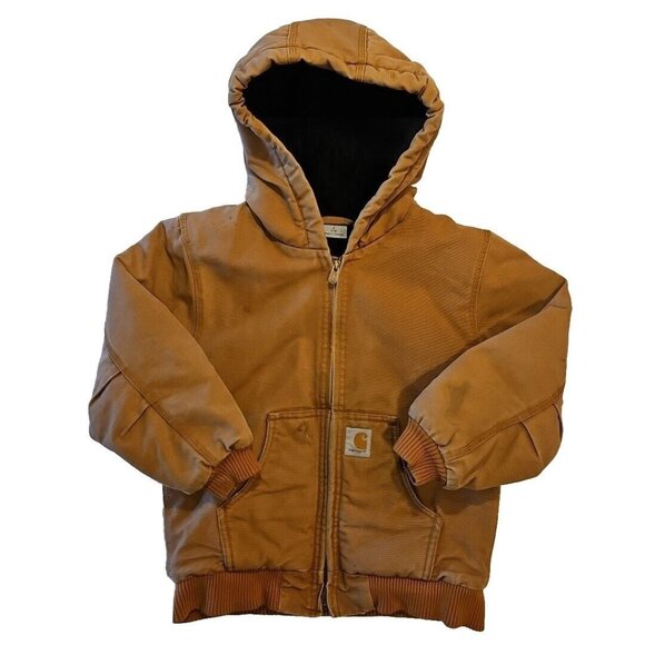 Carhartt Hooded Jacket Boys Youth S 7-8 Brown Duck Canvas Quilt Lined Full Zip